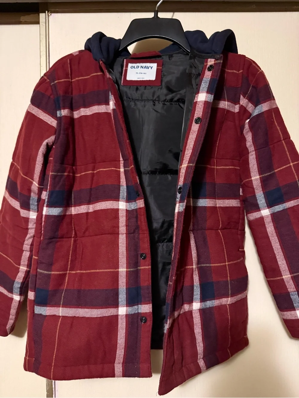 Old Navy Burgundy Plaid Hooded Puffer Jacket with Navy Hood